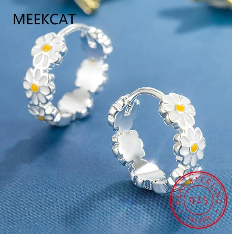 Luxury Real 925 Sterling Silver Fashion Glaze Daisy Flower Charm Hoop Earrings For Women Wedding Fine Jewelry DA2498