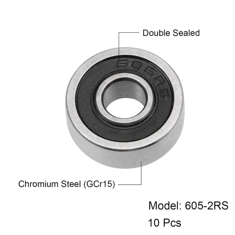 10Pcs 605-2RS Deep Groove Ball Bearings, Z2 5mm x 14mm x 5mm Double Sealed Industrial Bearings, Chrome Steel Skateboard Bearing