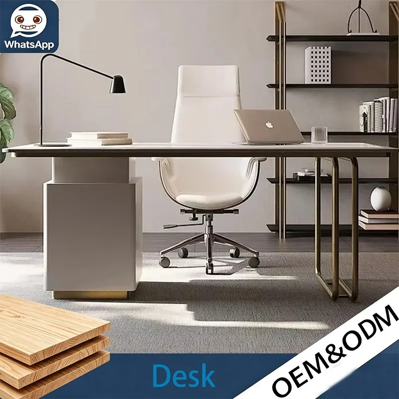 Luxury Italian Minimalist Rock Slate Desk Bookshelf Combo, Integrated Computer Office Table Simple Household Study Furniture