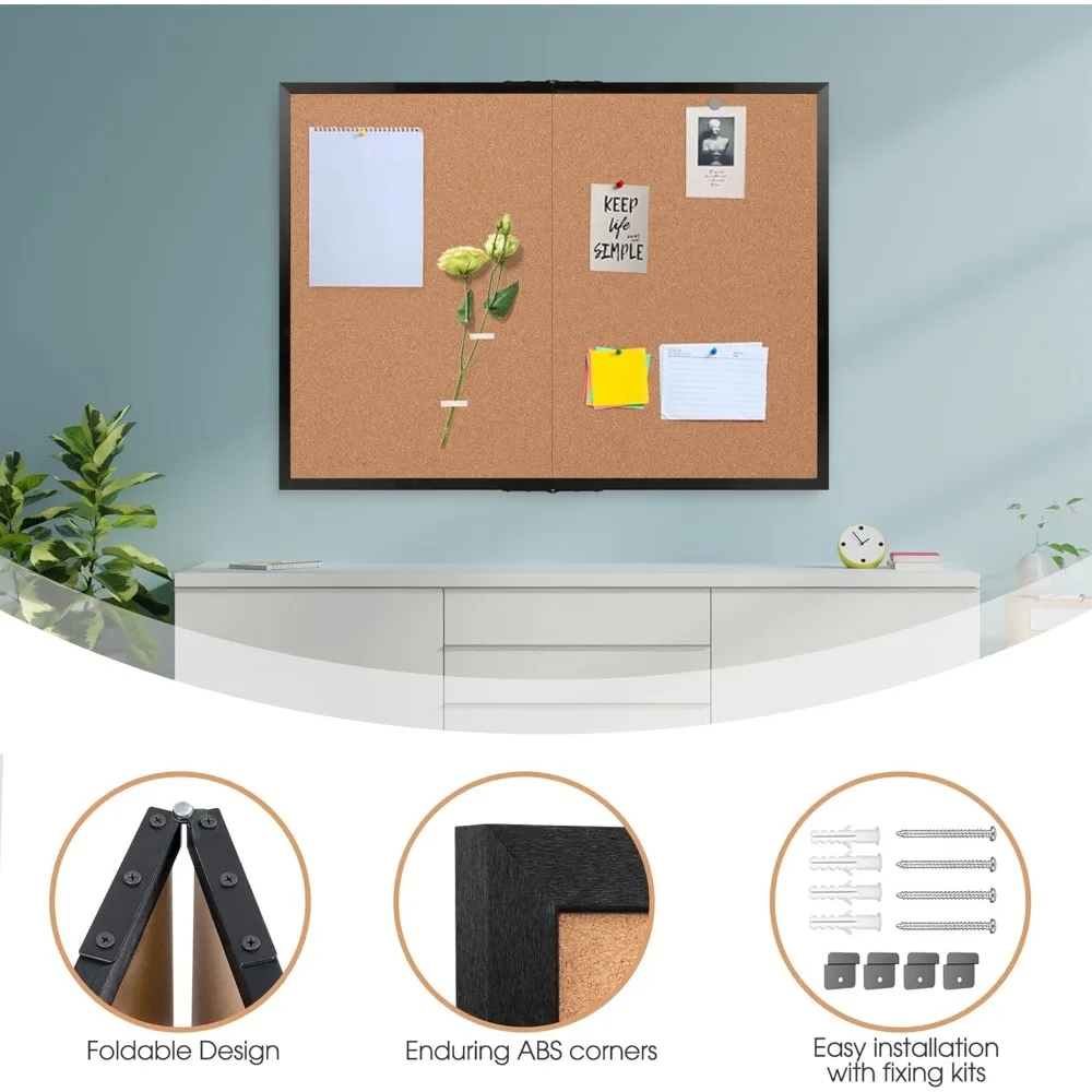Cork Board Bulletin Board, Black Wood Framed Corkboard, Foldable Office Board for Wall Decor, Large Wall Mounted
