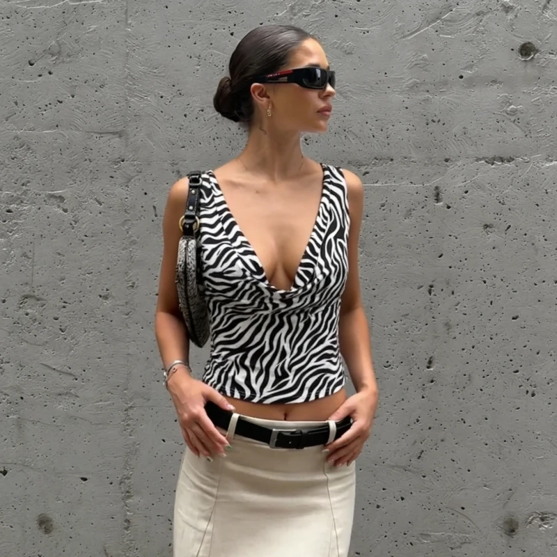 Hugcitar Damenmode, Zebramuster, V-Ausschnitt, gerüscht, rückenfrei, sexy, schmales Crop-Tanktop, Sommerkleidung für Damen, Party, Urlaub, Club – Detail 11