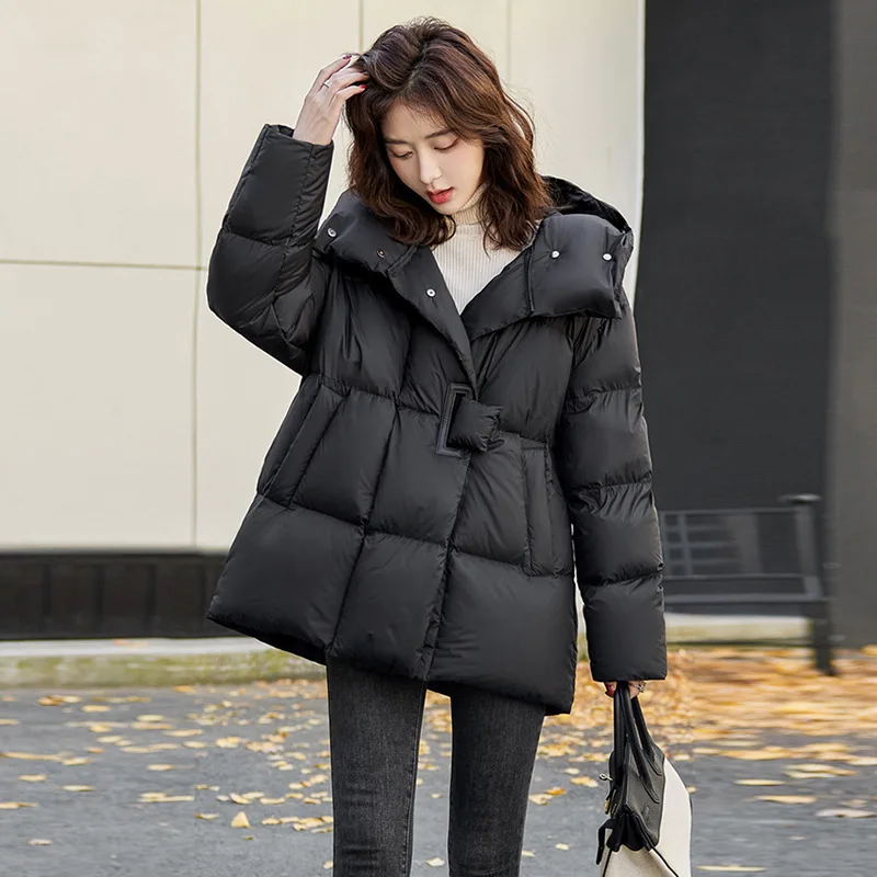 Women\'s Mid-length Hooded Down Jacket, Women Winter Coats, Thick, Casual, Loose, Warm Outerwear, Korean Fashion, Button Design