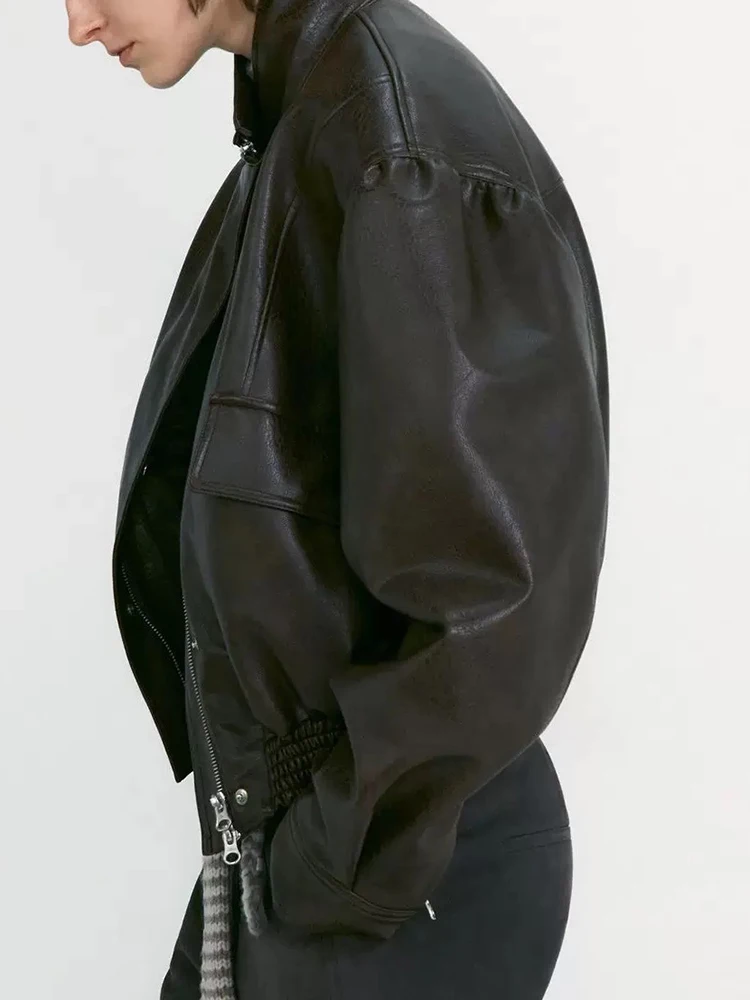 Retro motorcycle style loose-fitting high-neck zipper leather jacket short coat for women, 2026 autumn-winter new style