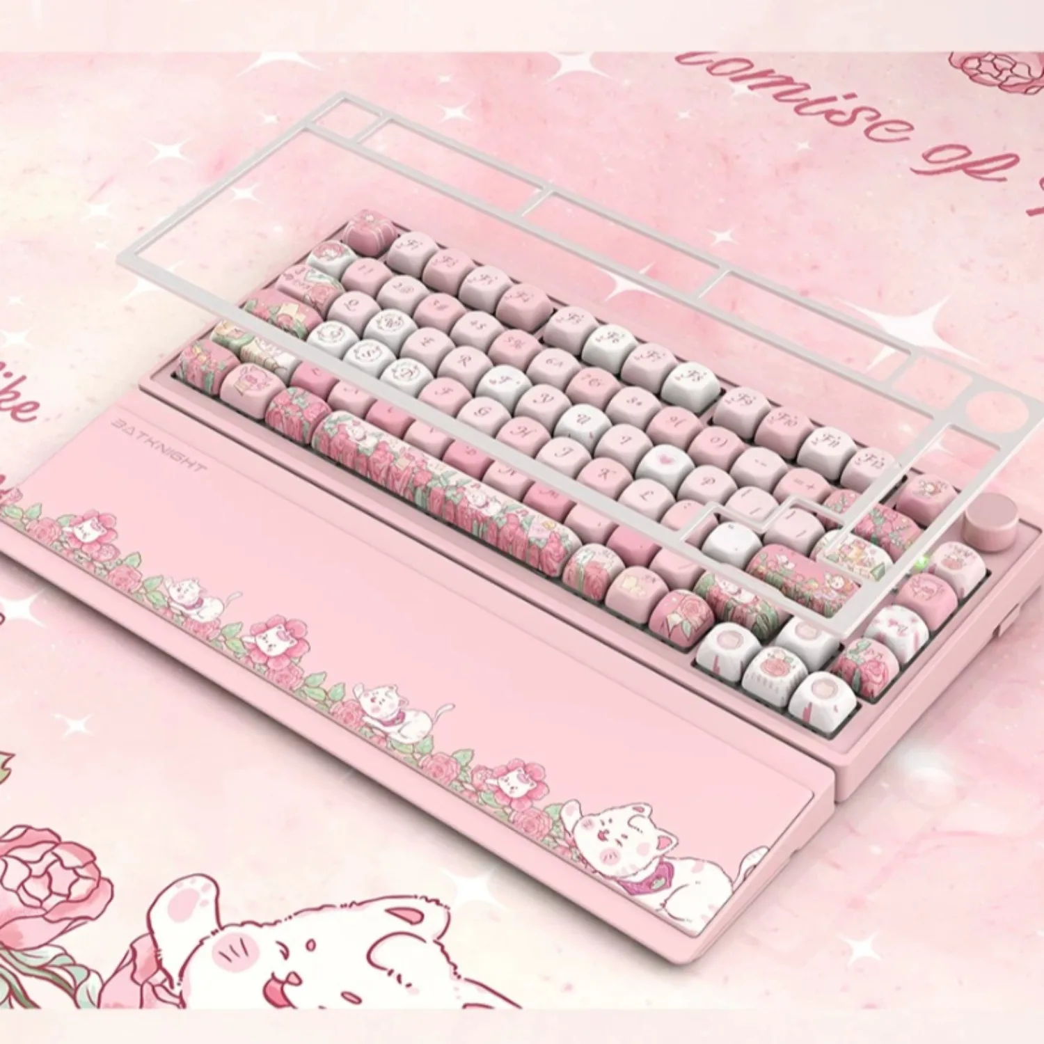 

Беспроводная механическая клавиатура Bat Knight BK75 Rose с RGB-подсветкой, 3 режима, розовая, с подставкой для запястий, для игр и офиса, подарок для девушки