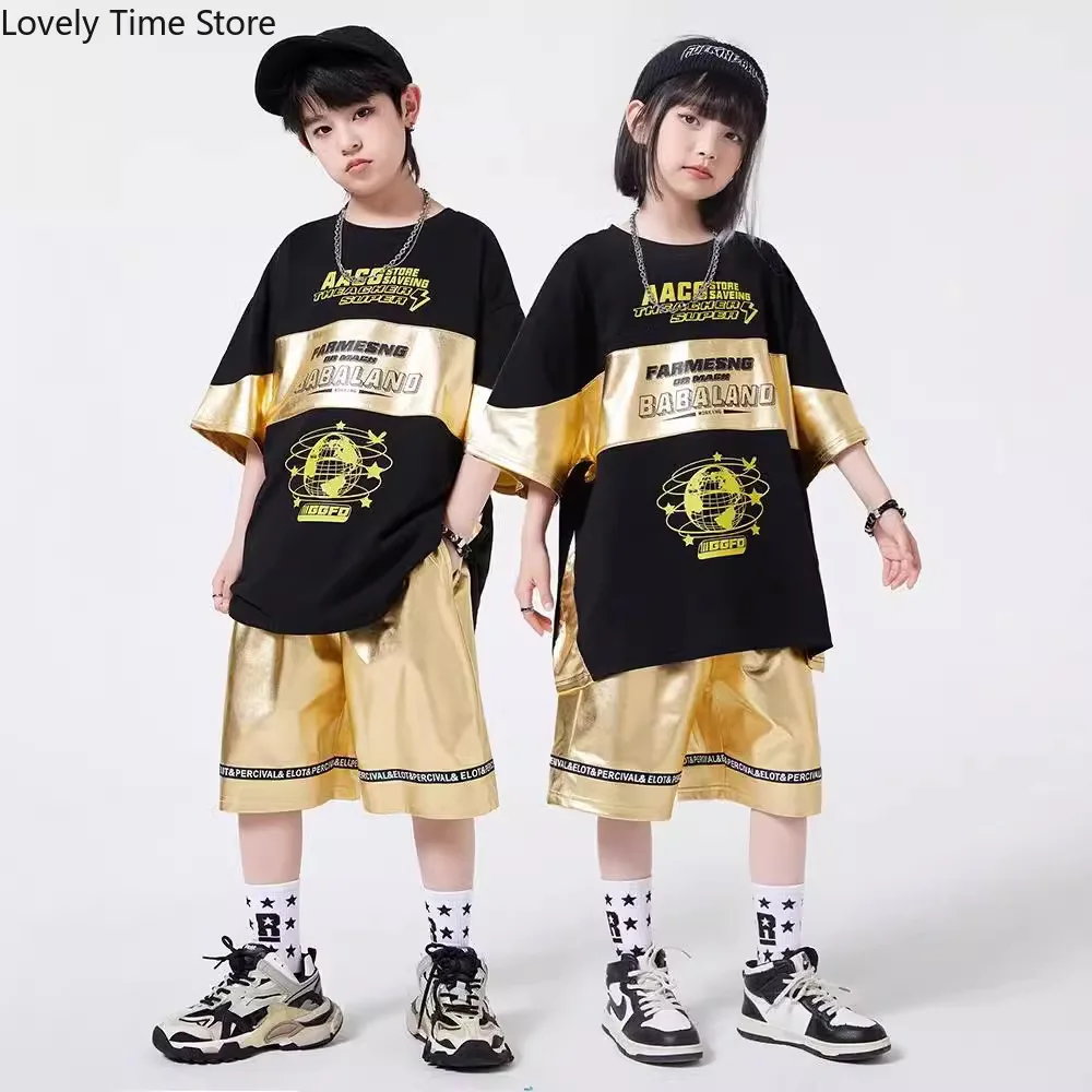 Boys Hip Hop Golden T-shirt Street Dance Shiny Shorts Girls Silver Streetwear Kids Jazz Clothes Sets Children Summer Costumes