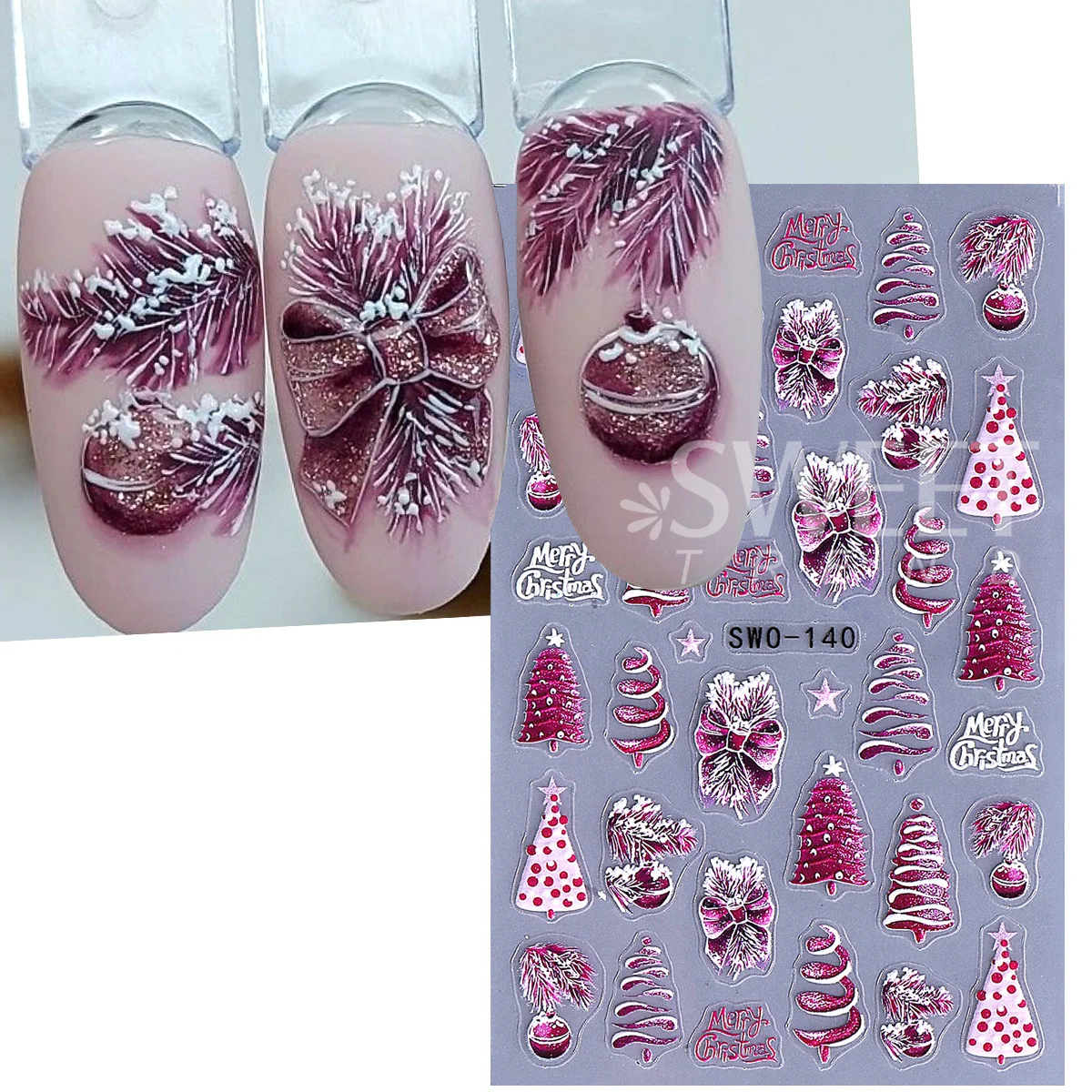 2pcs Xmas Tree Design Nail Matte Decals Bow Bell Cat Image Merry Christmas Foils Wraps Pink White Winter Stickers Manicure Decor