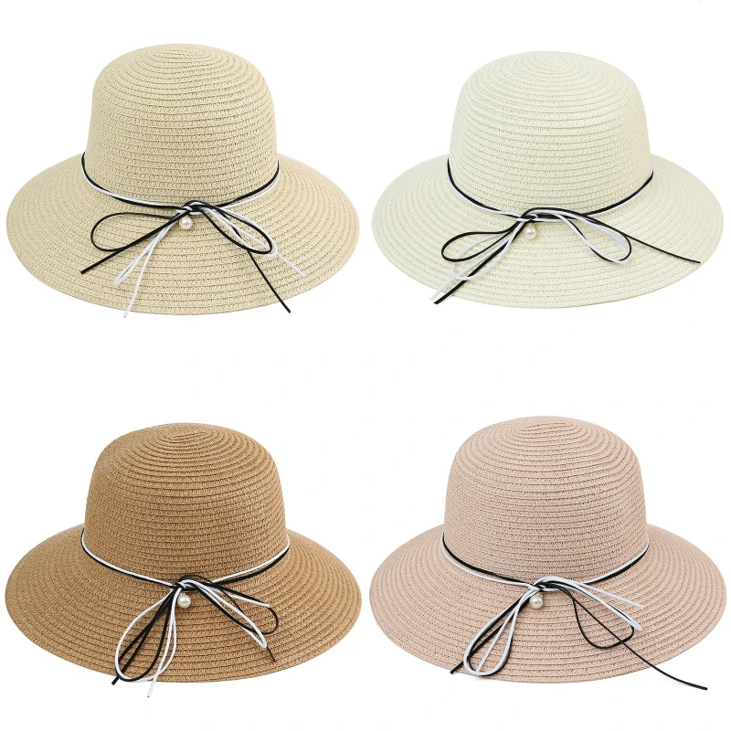 

Girls Straw Beach Caps Outdoor Sunshine Beach Sunshade and Sun Protection Ribbon Bow Pearl Decoration Female Travel Holiday Hats
