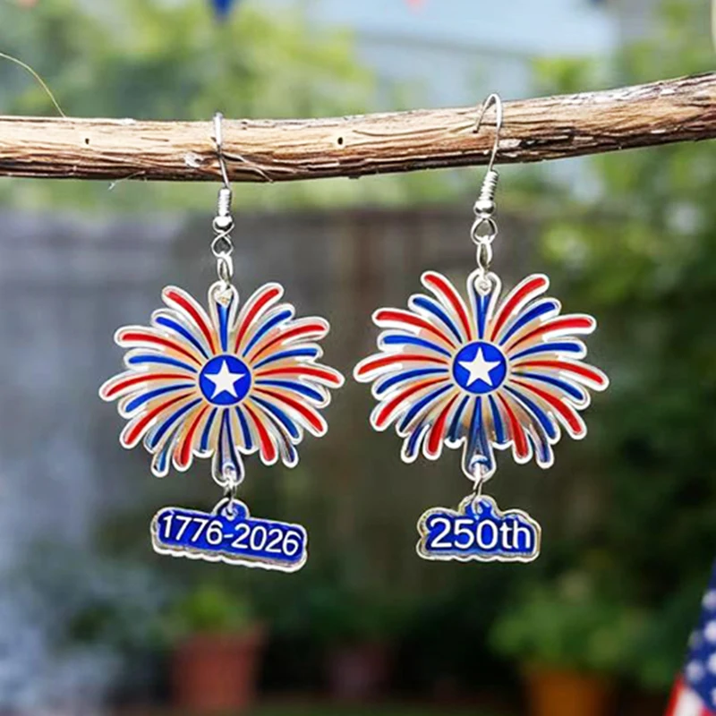 New Independence Day Firework Earrings 1776-2026 USA 250th Anniversary Celebration Double-Sided Acrylic Earrings Decorative Gift