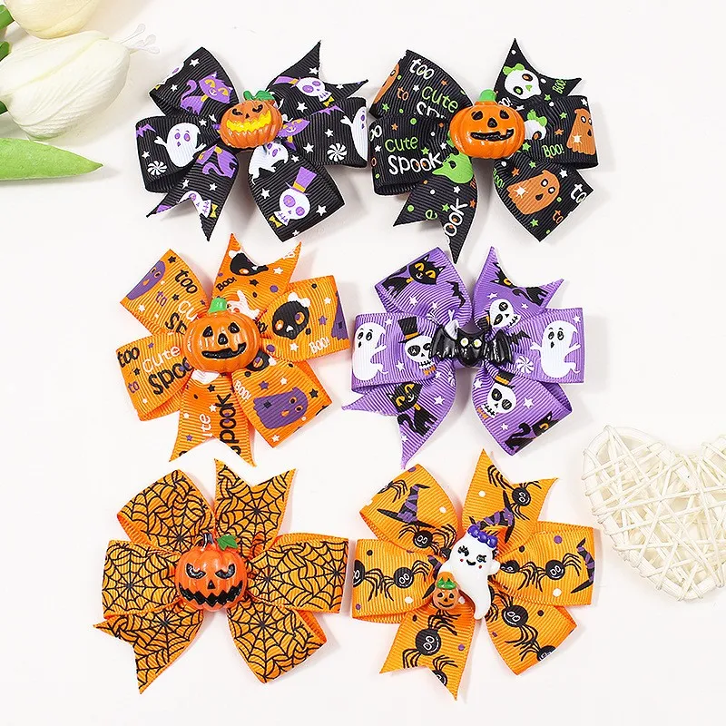 60pc/lot Pumpkin Skeleton Skull Prints Ribbon Bow Baby Hair Clips Hairpins Barrettes for Kid Girls Halloween Party Headwear Bulk