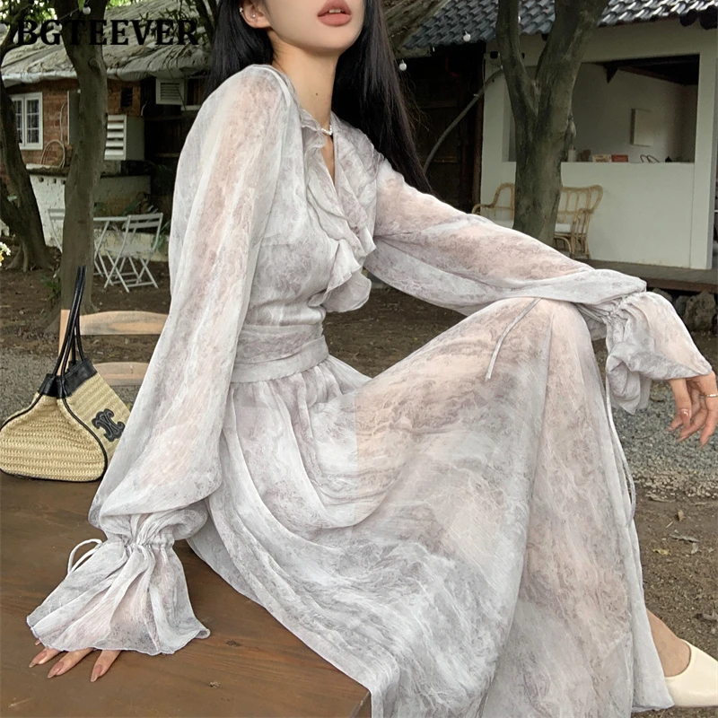 BGTEEVER Vintage Ruffles V-neck Women Floral Dress Elegant Full Sleeve Slim Waist Split A-line Ladies Long Dress Spring Summer