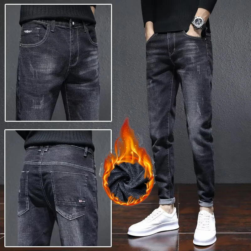 الرجال جديد صوف مبطن سميكة الجينز الحراري الذكور الشتاء مستقيم سليم صالح الدينيم السراويل فضفاضة عادية مريحة بنطلون #1
