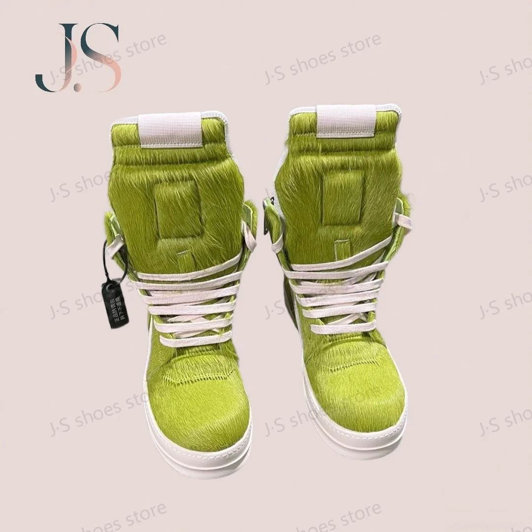 

Ricks Мужские ботильоны Brand RO Shoe Grass Green Horse Hair Boots Женские кроссовки на плоской подошве Owens Высокие повседневные кроссовки из конского волоса