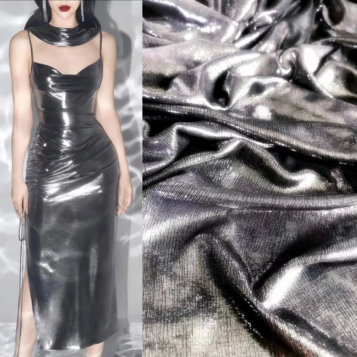 

Вязаная водная легкая текстура жидкого металла Горячее серебро Яркая ткань Зеркало Серебро Платье для выступлений Дизайнерская ткань