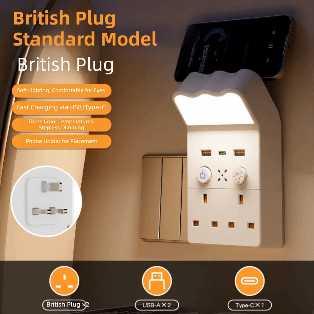 

Универсальный ночник-переходник для розетки, теплый белый светодиод, 1 Type-C и 2 USB-A, встраиваемый ночник, вилка US/UK/EU, защита для глаз