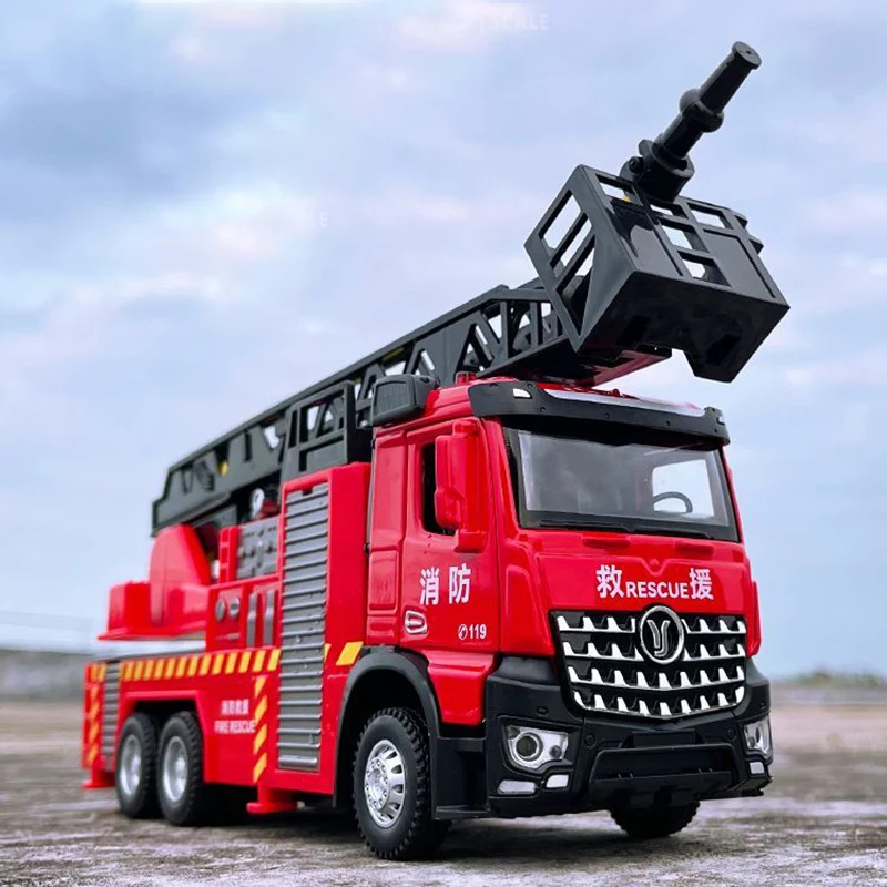 Children\'s large alloy fire ladder car toy 1/30 city rescue vehicle sound light water spray toy boy gift