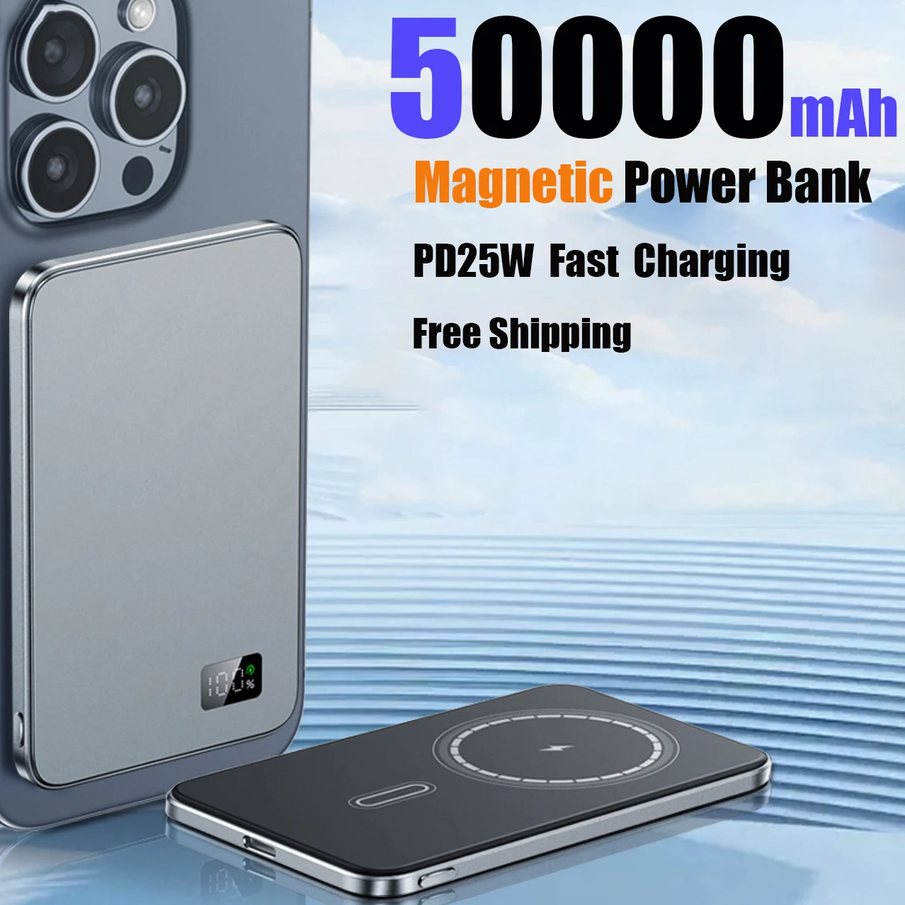 

50000mAh Thin Magnetic Wireless Power Bank PD20W Fast Charging Portable External Battery for Magsafe For iPhone15 14 13 xiaomi