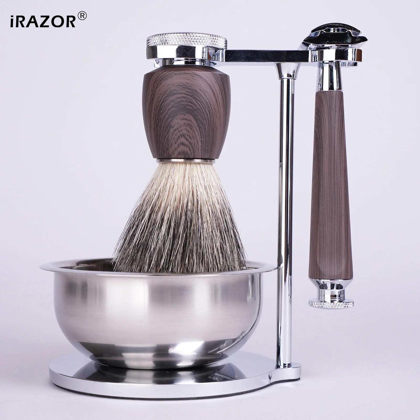 iRAZOR 4-in-1 Professional Beard Shaving Set with Shaving Brush Bowl and Doube Edge Safety Razors Men's Grooming Kit Gift