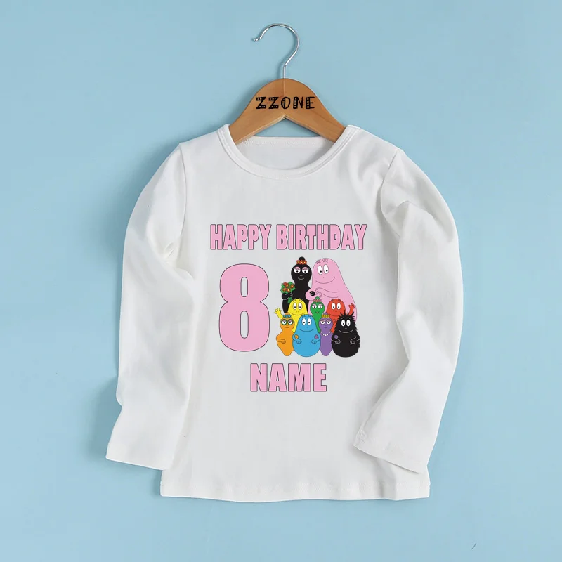 Cute Barbapapa Print Birthday Kids T shirt 1 2 3 4 5 6 7 8 9 Years Customize Name Boys T-shirts Baby Girls Long Sleeve Clothes