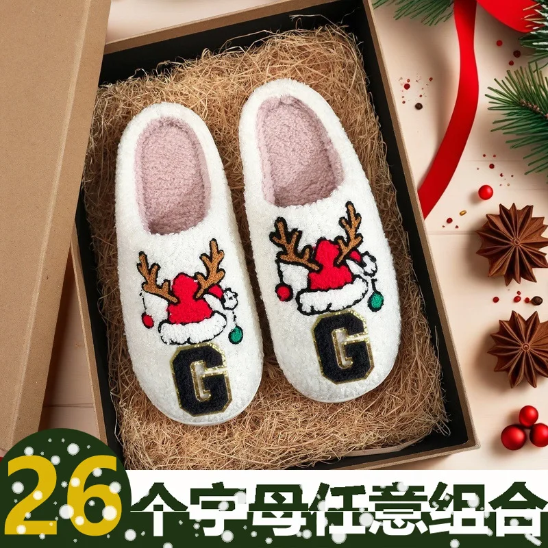 Pantoufles de noël personnalisées, monogramme en peluche, chaussures de maison floues, lettres personnalisables, cadeaux pour Couples, famille, hiver, confortables