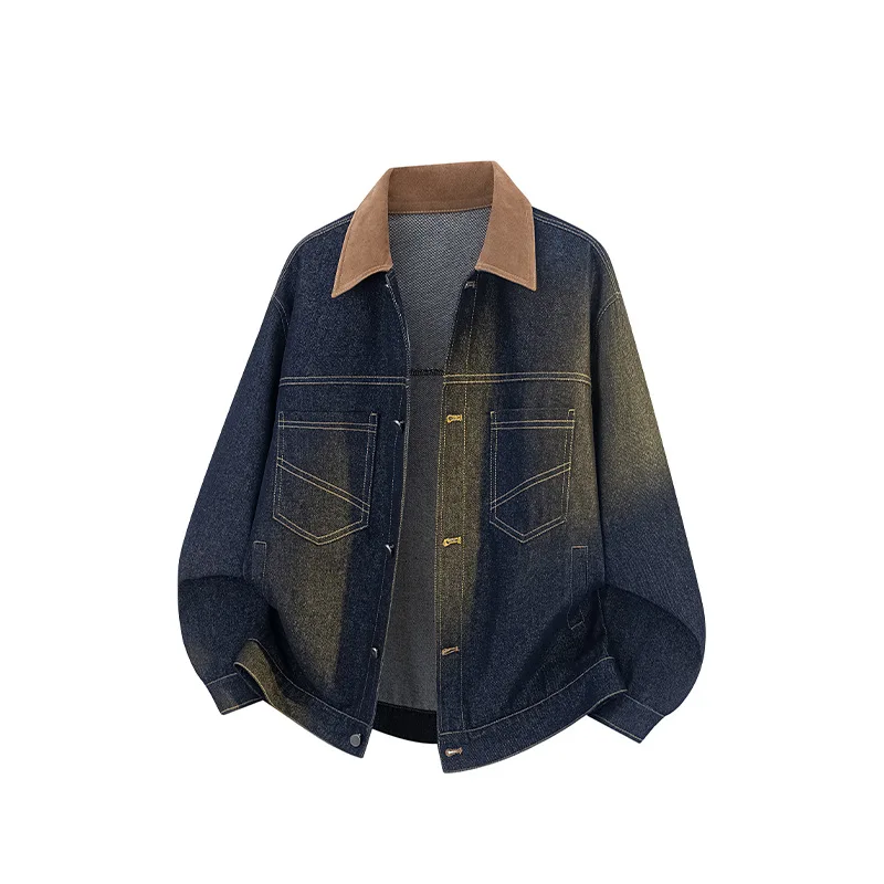 Men's Autumn Contrast Collar Denim Jacket Casual Versatile American High Street Retro Style