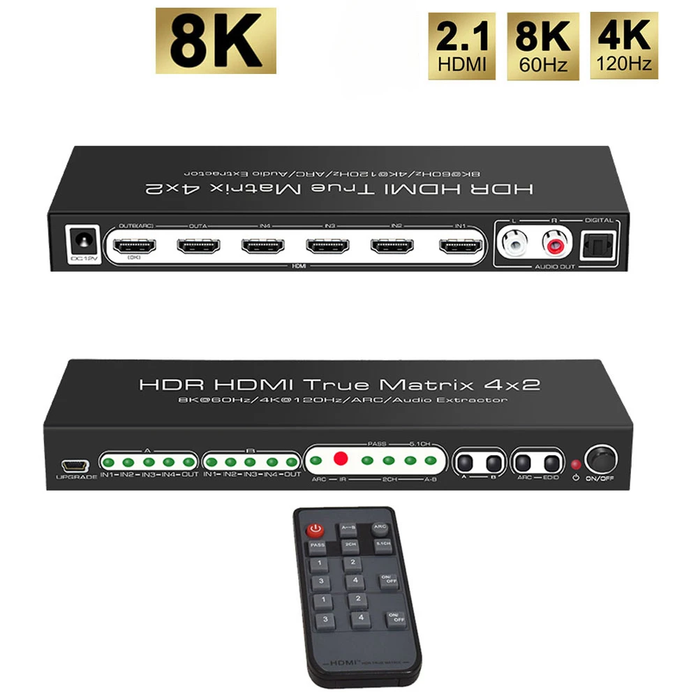 Matriz video hd do switcher hdmi do divisor do interruptor de hdmi para o computador xbox stb dvd ps5 interruptor da matriz de 8k60hz 4x2 hdmi 4 em 2 para fora