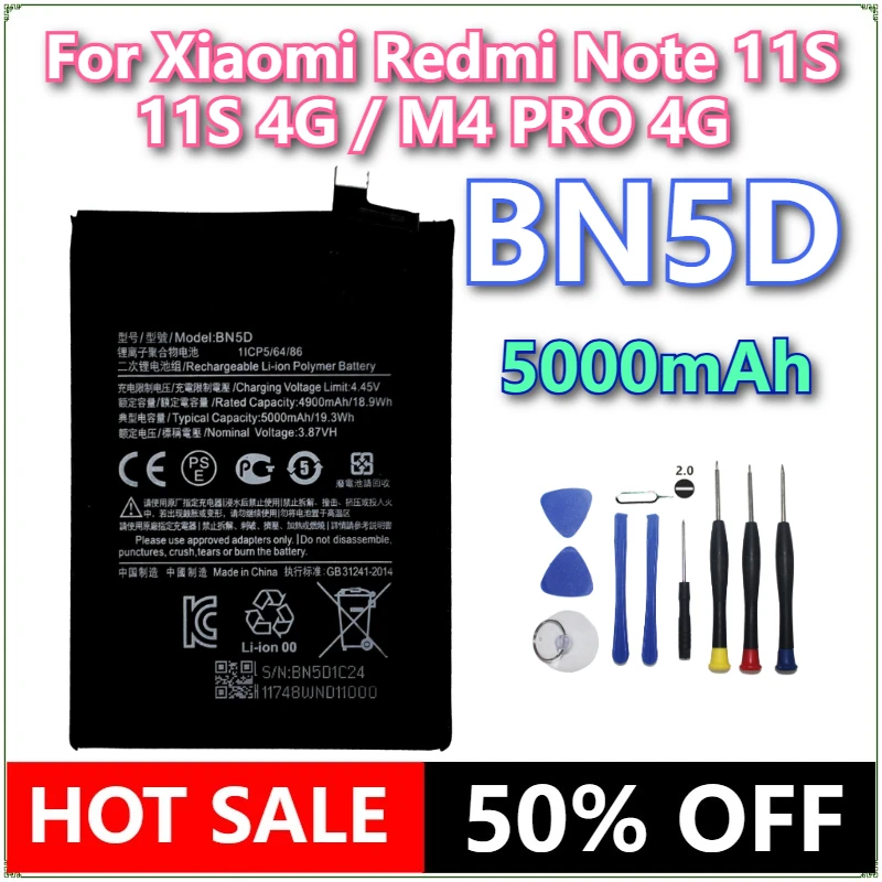 

Brand New BN5D 5000mAh Mobile Phone Battery For Xiaomi Redmi Note 11S 11 S 4G / M4 PRO 4G Phone Replacement Batteries+Tools