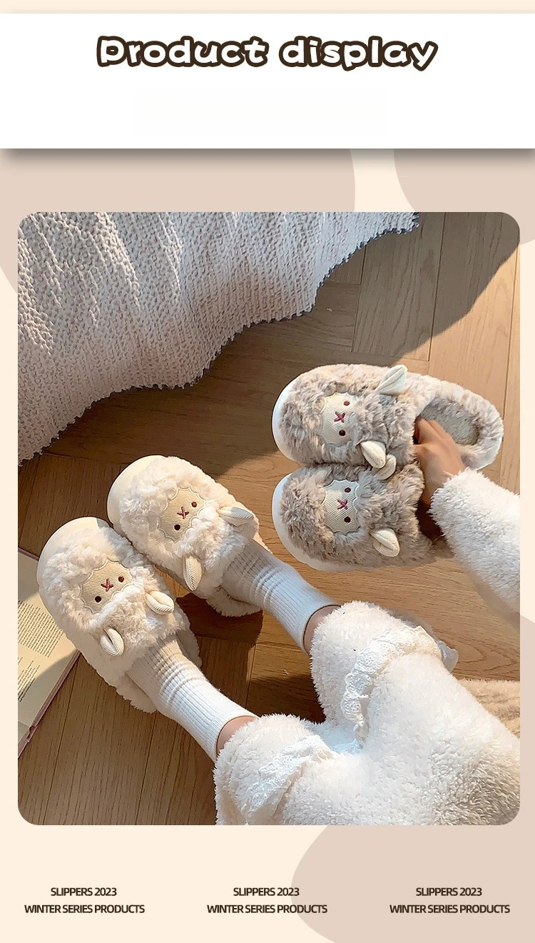 Niedliche Lamm-Plüsch-Hausschuhe für Damen – rutschfeste Winter-Hausschuhe, mit Fleece gefütterte Innenrutschen mit dicker Sohle für gemütlichen Komfort zu Hause – Detail 8