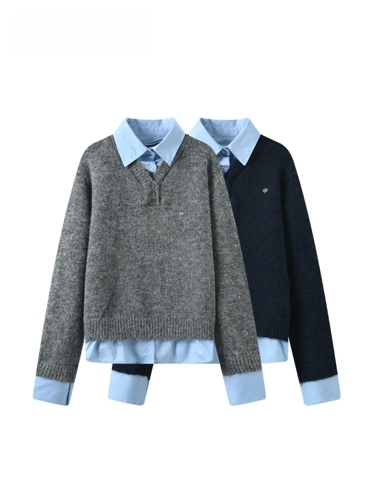 

plus Size Ne Long Sve Knitted Sweater Women Spring Faion Patchwork Top Korean Sle Loose Fit Polyester Fiber