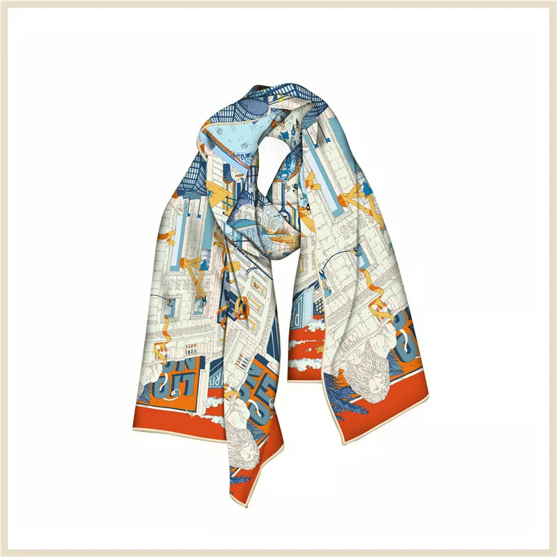 POBING Twill Silk Scarf Women Poncho Hand Rolled City Printed Long Scarves Wraps Bandana Big Shawl Hijabs Female Foulards