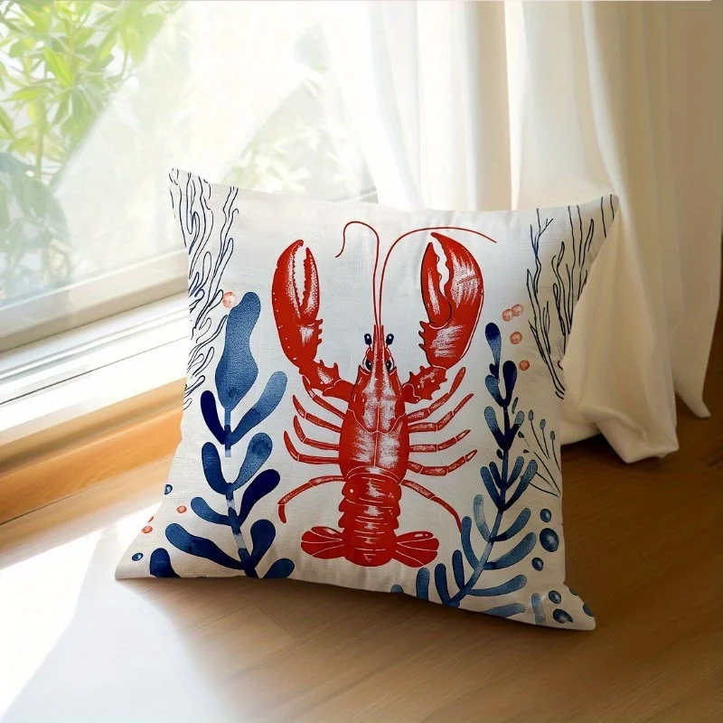 Customize 1pc Coastal Lobster Print Throw Pillow Cover - Soft Polyester, Zipper Closure, 17.72x17.72 Inches, Ocean Theme Decor f