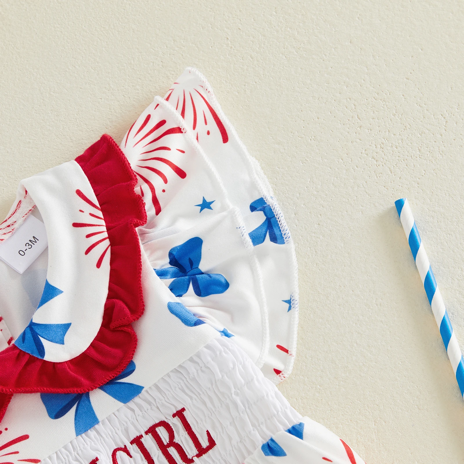 

Baby Girl 4th of July Romper Letter Embroidery Flower Bow Print Doll Collar Jumpsuit for Newborn Baby Cute Bodysuits Clothes