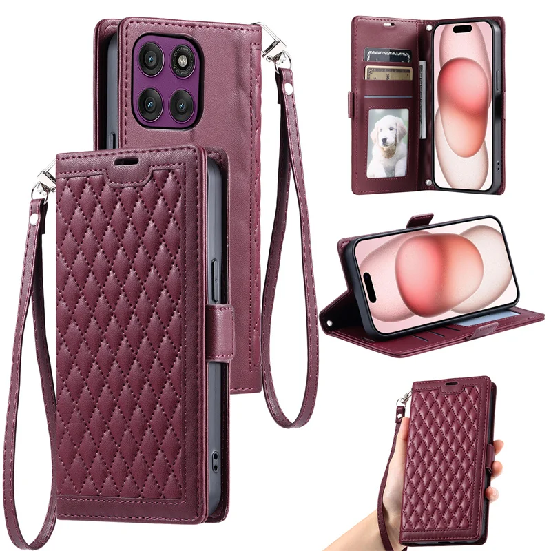 Grid Strap Leather Case for Motorola Moto G86 G36 G06 G56 G57 G67 Power G05 G15 E15 G35 G55 G85 G54 G04 G24 Case Wallet Cover