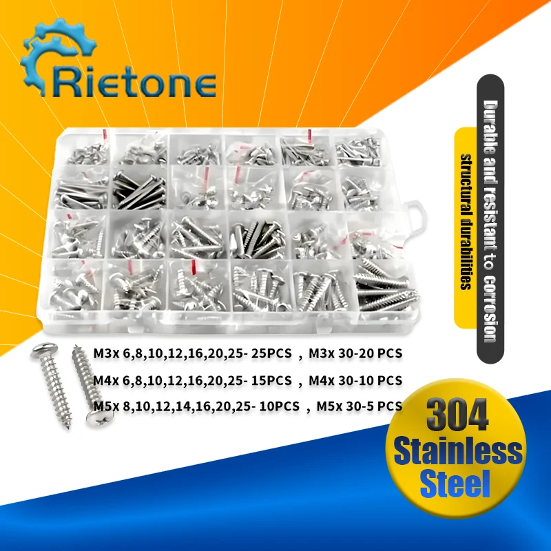 

M1.2 M1.4 M1.7 M2 M3 M4 304 Stainless Steel Small Phillips Pan Cross Round Head Self-tapping Screws Wood Screw Set Kit Box