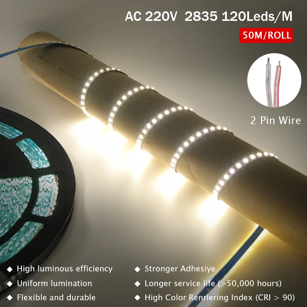 10M 50 m/rolka AC 220V 240V taśma LED SMD 2835 120 leds/m nie ma potrzeby sterownik IP65 wodoodporna elastyczna wstążka liny taśma oświetleniowa LED