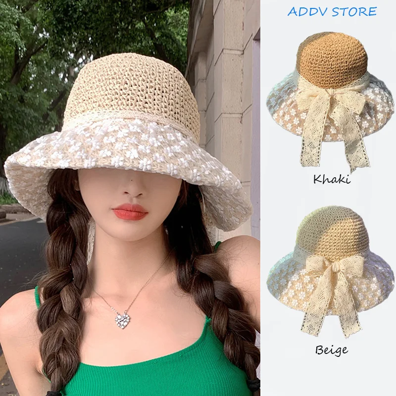 

Lace Flower Bow Big Brim Straw Hat Woman Summer Seaside Vacation Hepburn Wind Crochet Breathable Large Brim Sun Hat