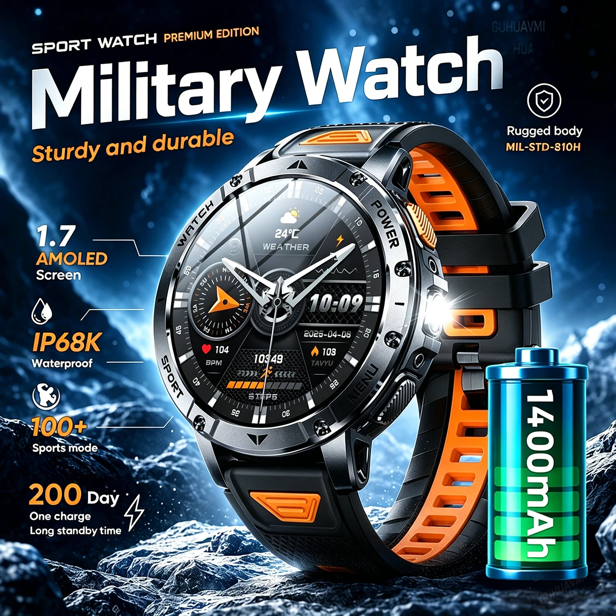 2026 새로운 군용 TANK 1400mAh 배터리 스마트워치 IP68K 방수 LED 손전등 심박수 스포츠 트래커 SOS 스마트워치 남성용
