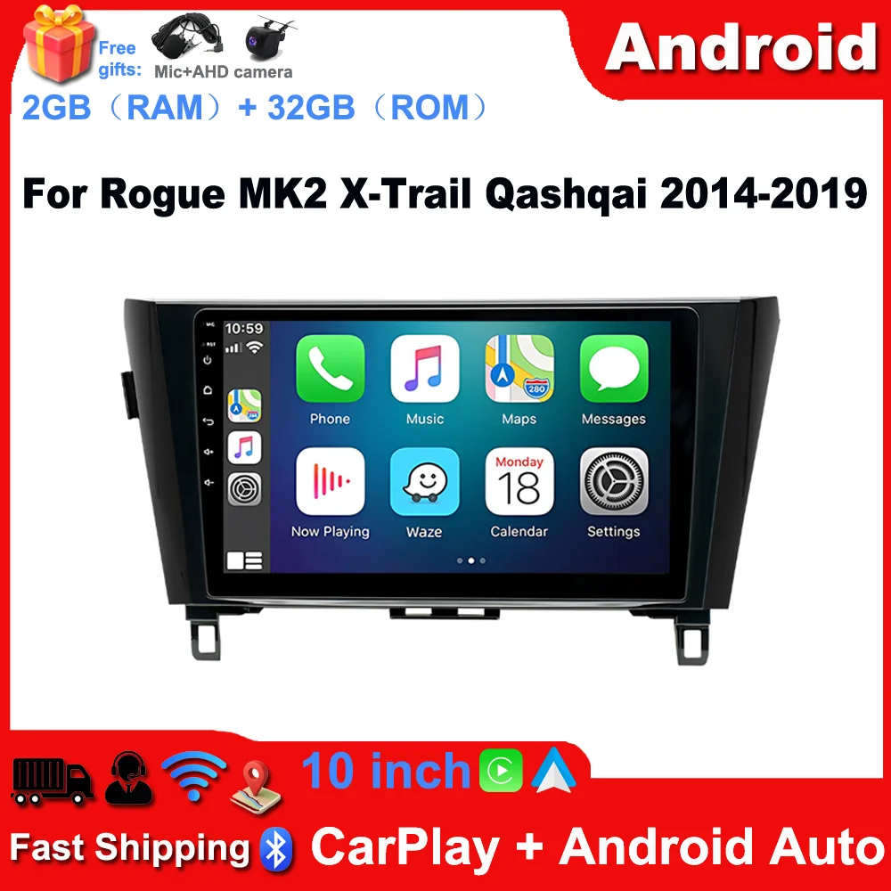 10-Inch Android 13 System Car Audio Radio Is Suitable for Rogue MK2, X-Trail, and Qashqai Models from 2014 to 2019. It Supports Wireless CarPlay, Android Auto, GPS Navigation 2+32GB Bluetooth WiFi FM RDS Mirror Connection and AHD Reversing Camera