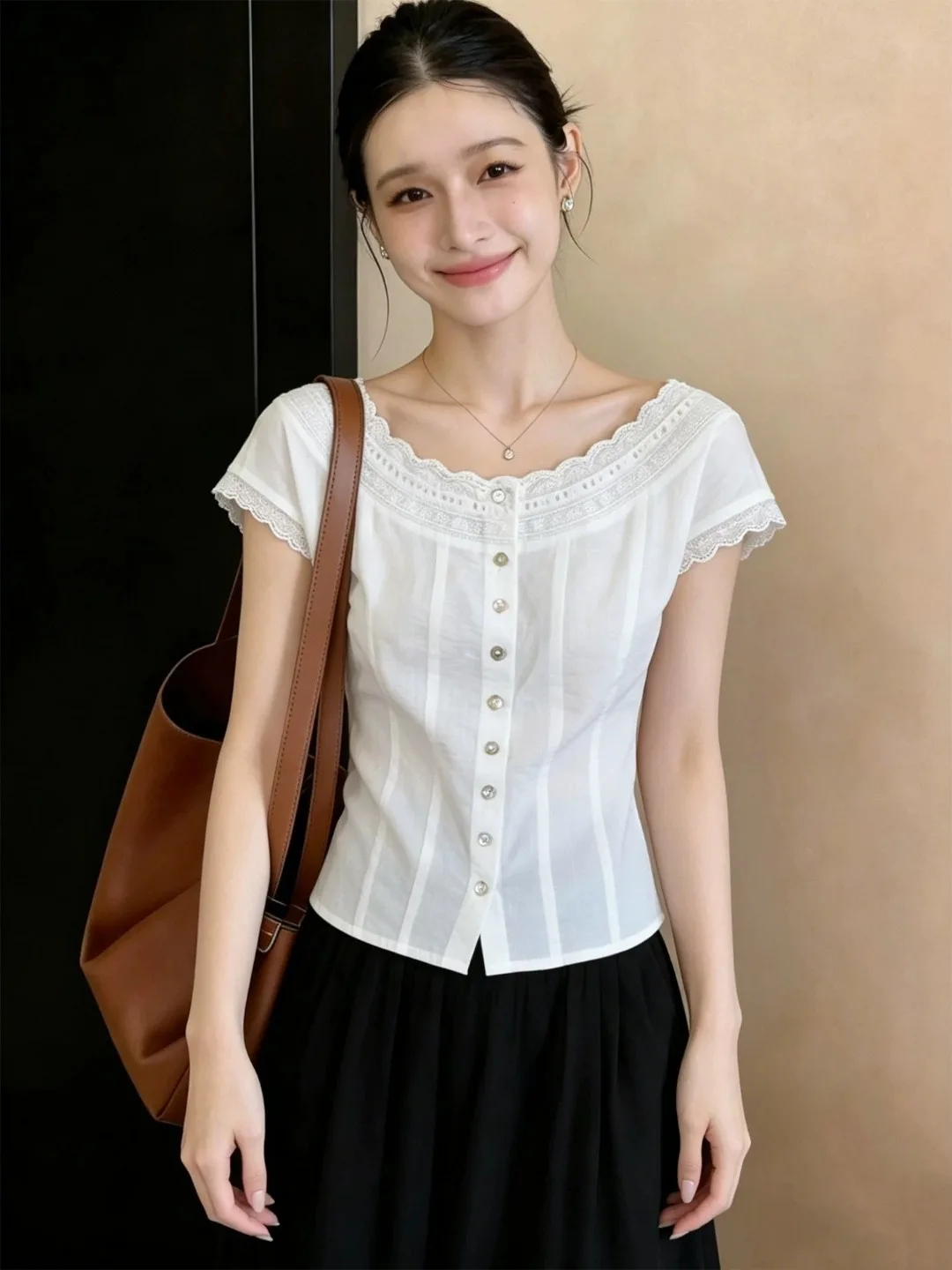 

French Style Short Sleeve White Lace Trim Shirt Women's Summer Elegant Fairylike Short Length Petite Top Straight Cut Polyest...