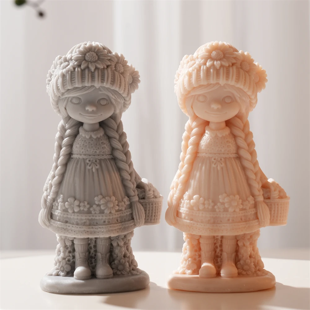 

Sunflower Girl Candle Silicone Mold Embossed Long Hair Flower Girl with Basket Candle Mold Gypsum Figure Plasters Resin Mold