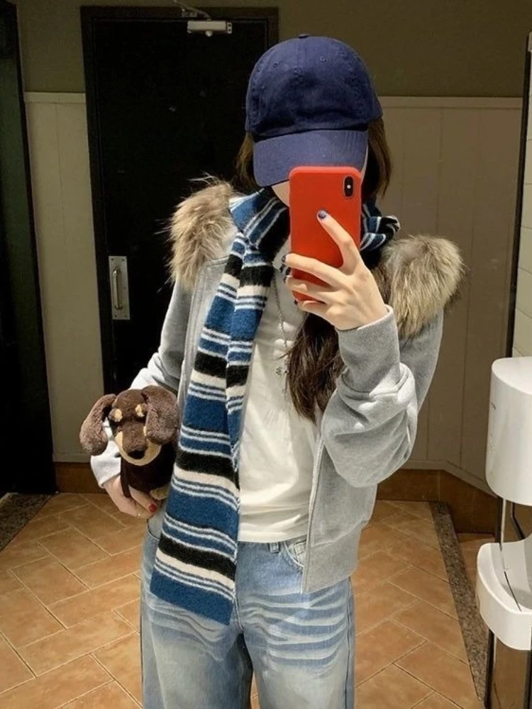 Y2k vintage pele do falso hoodie feminino casual cinza gola removível jaqueta moda recortada zip up moletom outono inverno topos novo