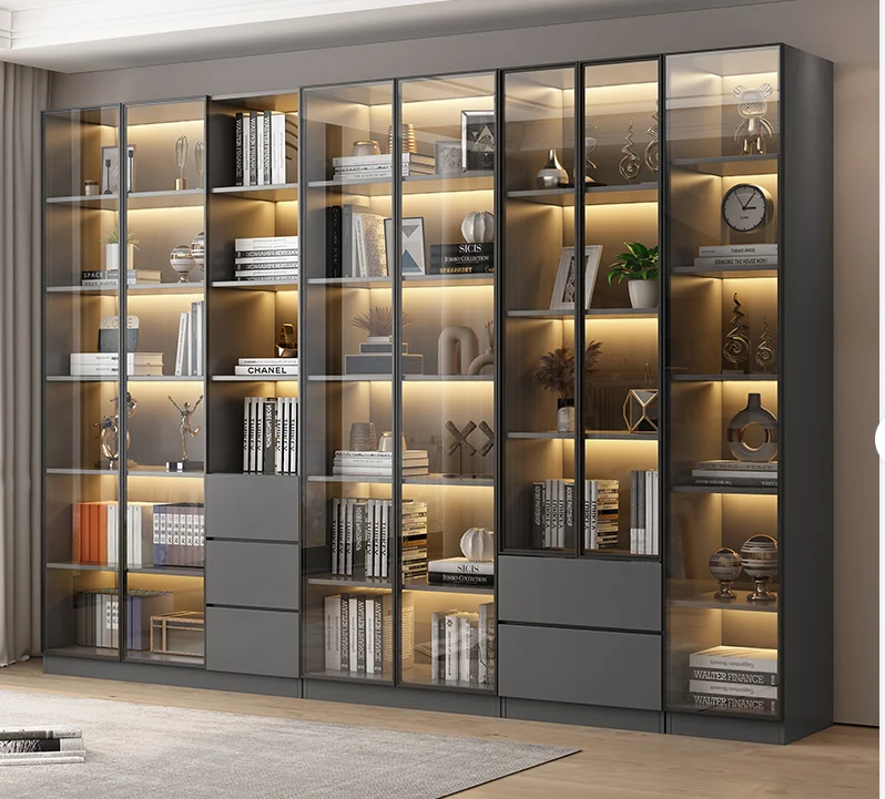 Glass door, light luxury bookcase, living room, floor to wall, dustproof bookcase, bookshelf