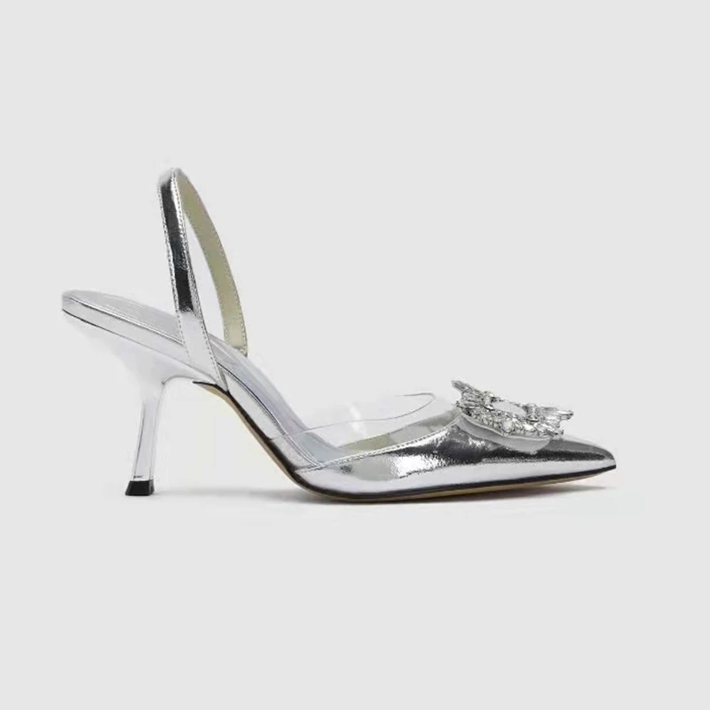 Brand Designer Silver High Heels Sandals Women 2023 Summer Crystal Square Buckle Sandals Woman Pointed Toe Slingbacks Party Shoe