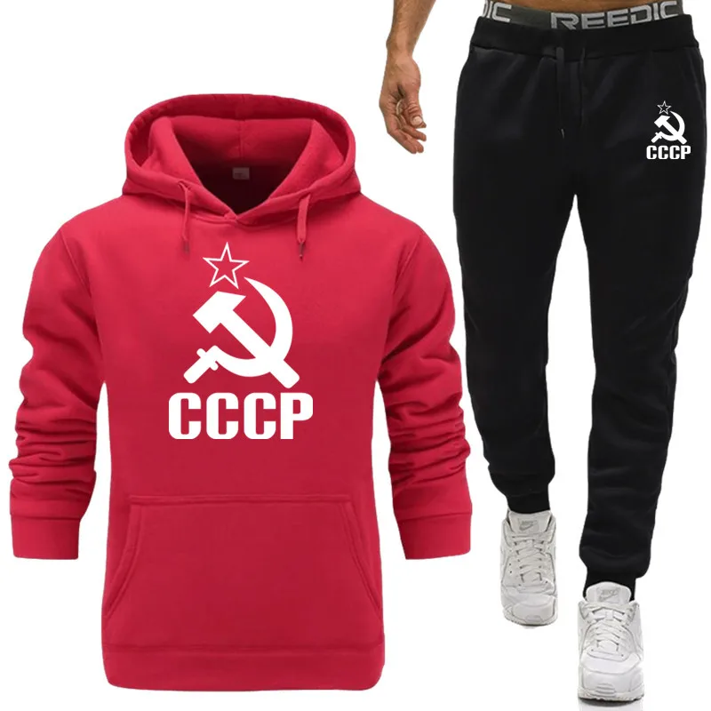 Hot Causal Mens Tracksuit Unique CCCP Russian USSR Soviet Union 2 piece Fleece Thick Set Long Sleeve Sportwear Suit Male Sets