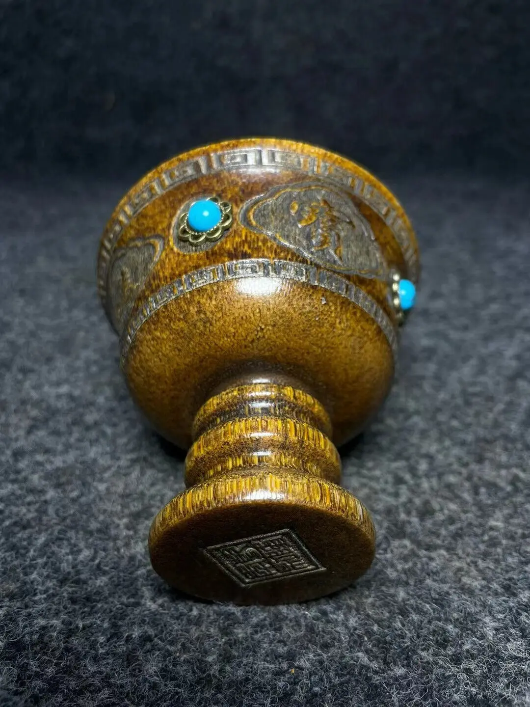 Collection Natural Horn Cup Inlaid with Turquoise Collectible Ancient Cup