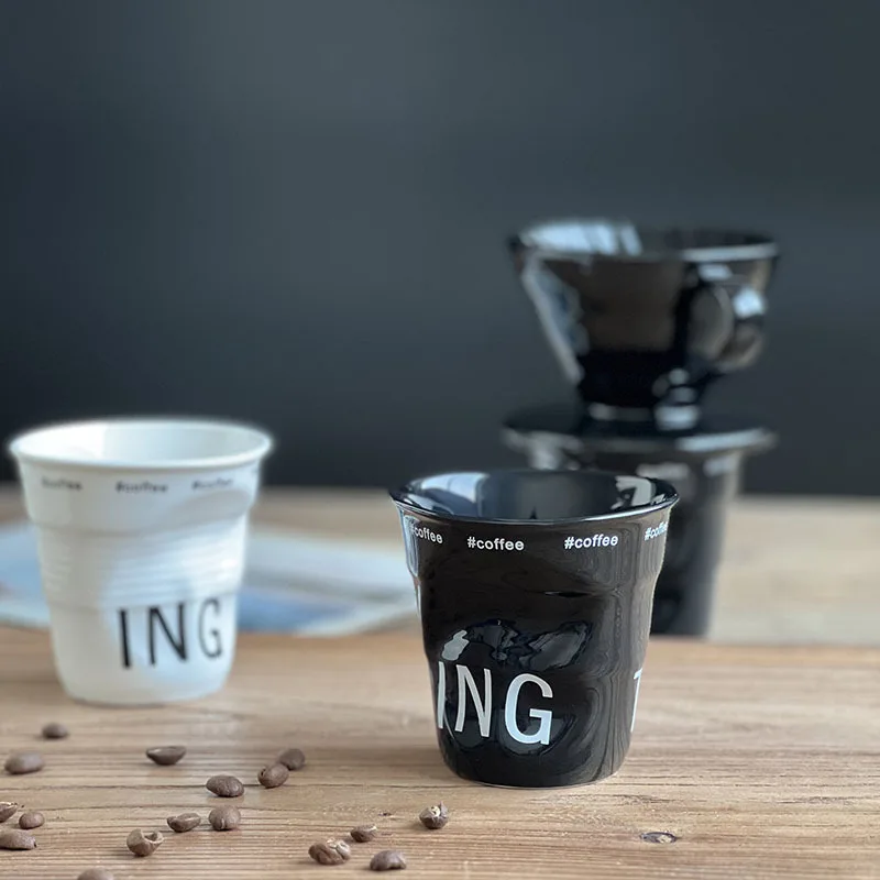 6.7oz Korean Style Cups and Mugs Coffee Mug White Ceramic Nordic Wrinkle Cup 200ml Drinking Coffe Tumbler English Letter