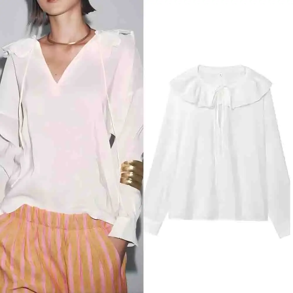 

Women's 2025 new fashion loose ruffle collar comfortable white shirt retro long sleeved lace up women's shirt chic top