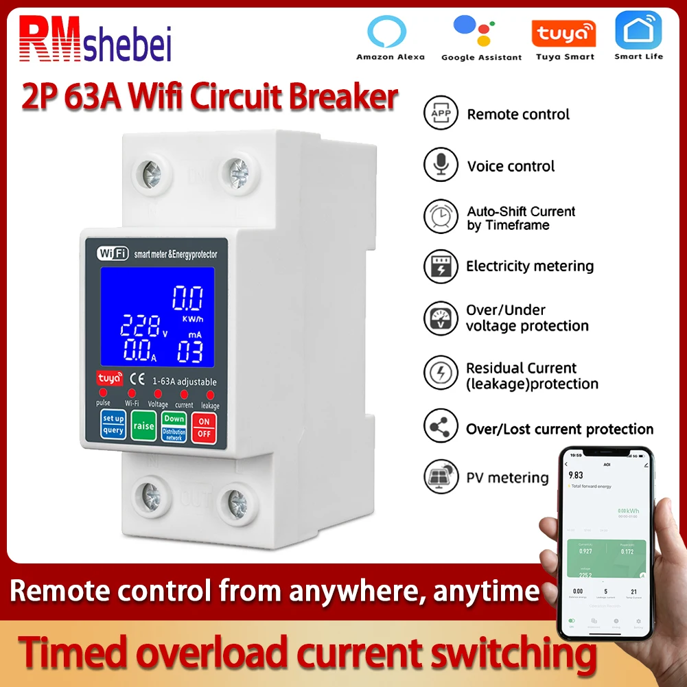 RMshebei 2P 63A WiFi Smart Circuit Breaker Over/Under Voltage Protection Energy Meter Leakage Timer & Overload Current Switching