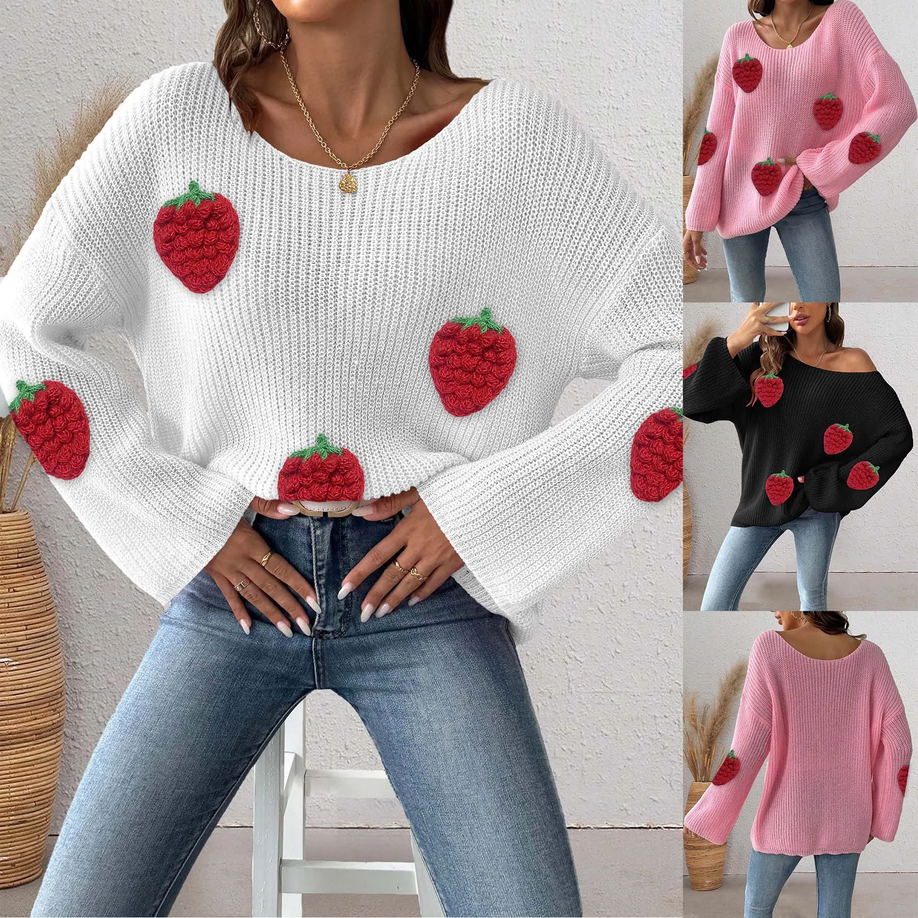 

Ladies Off-Shoulder Loose-Fit Strawberry Patterned Bell-Sleeve Sweater One-Shoulder Neckline Fashionable European Style Top