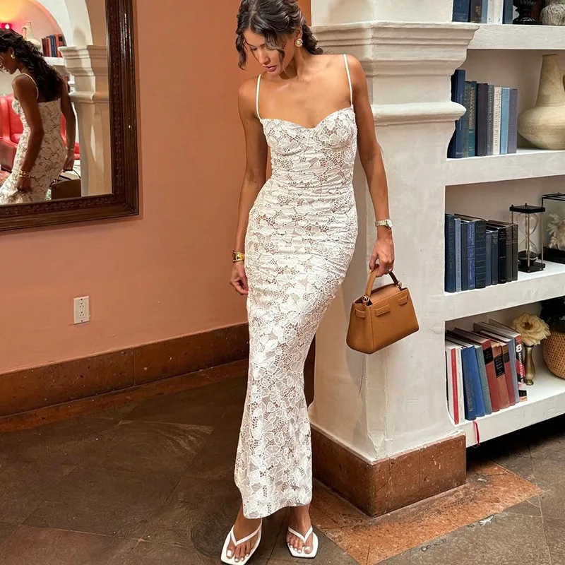 HG Vintage Sexy Chic Lace Women Dress White Solid Sleeveless Zipper Back Fork Cami Vestidos Fashion 2026 Long Party Dress