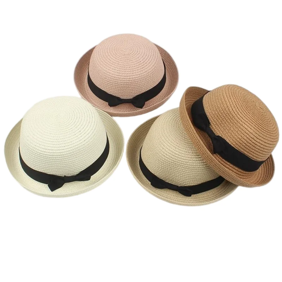 Neuer Damen-Sommer-Reisehut im koreanischen Stil mit gerolltem Rand, modischer Hut, niedlicher runder Hut, schlichter lässiger Strohhut mit Schleife – Detail 1